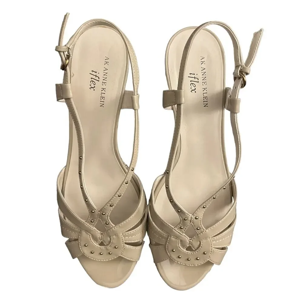 AK Anne Klein IFlex Sandal Kathmandu 10 M Beige Patent Leather Platform Wedge - Picture 4 of 11